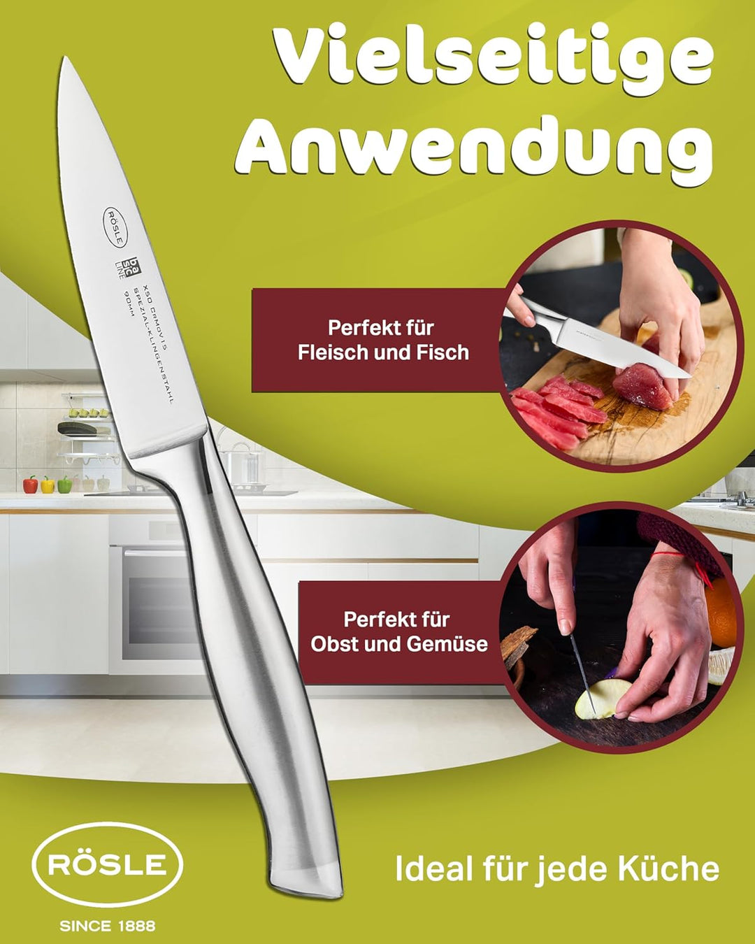 RÖSLE Spickmesser Basic Line 9cm - Hochwertiges Messer für Garnieren und Spicken von Fleisch, Küchen