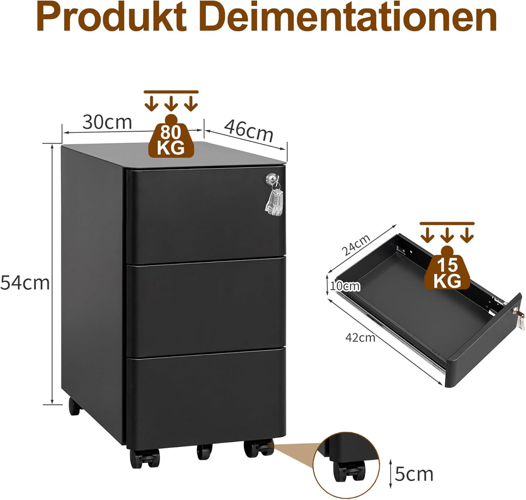 Rollcontainer, Mobiler Aktenschrank mit Schloss, Abgerundeten Ecken, 4 Schlüssel, 3 Schubladen, Druc