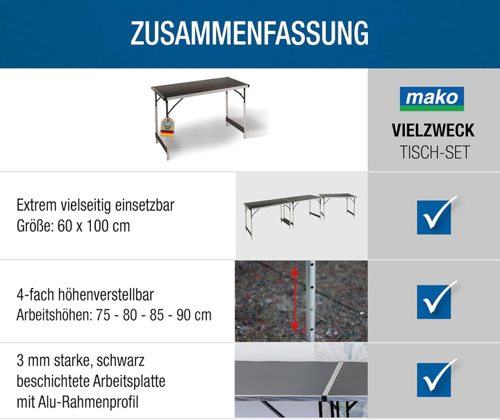 mako Multifunktionstisch Profi – Höhenverstellbarer Mehrzwecktisch 60 x 100 cm - Campingtisch, Klapp