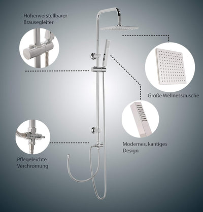 'aquaSu® Duschsystem Proda mit Regendusche & Handbrause eckig | Stab-Handbrause & Kopfbrause | je 1