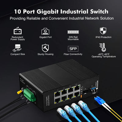 MokerLink 8 Port Gigabit Industrie DIN chienen Ethernet Switch, 2 SFP Ports mit 1 LC 20KM Modul, Nic