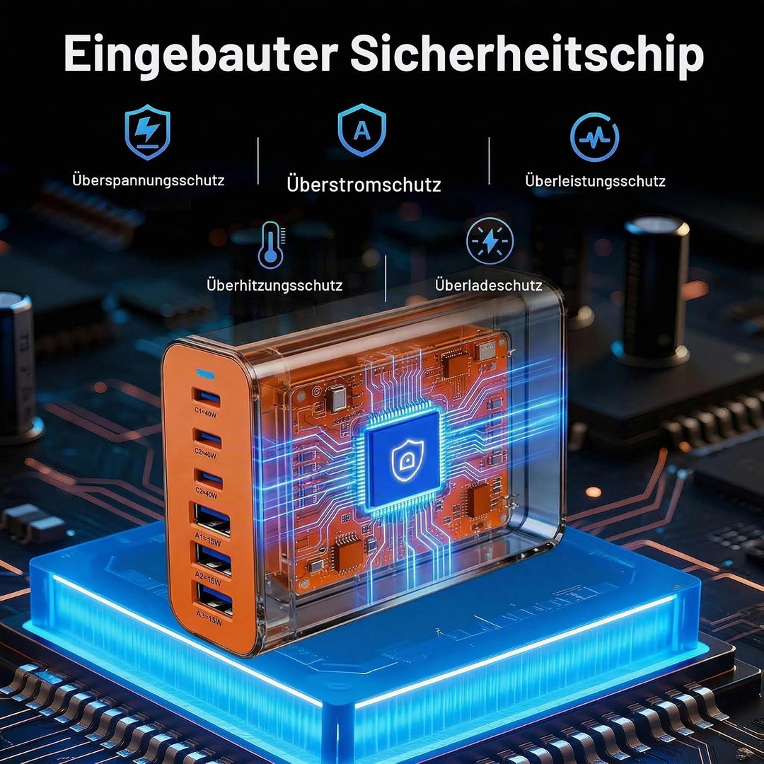 6 Ports Ladestation Schnellladegerät, 165W USB C Schnelllade Netzteil, PD Power GaN Ladegerät kompat