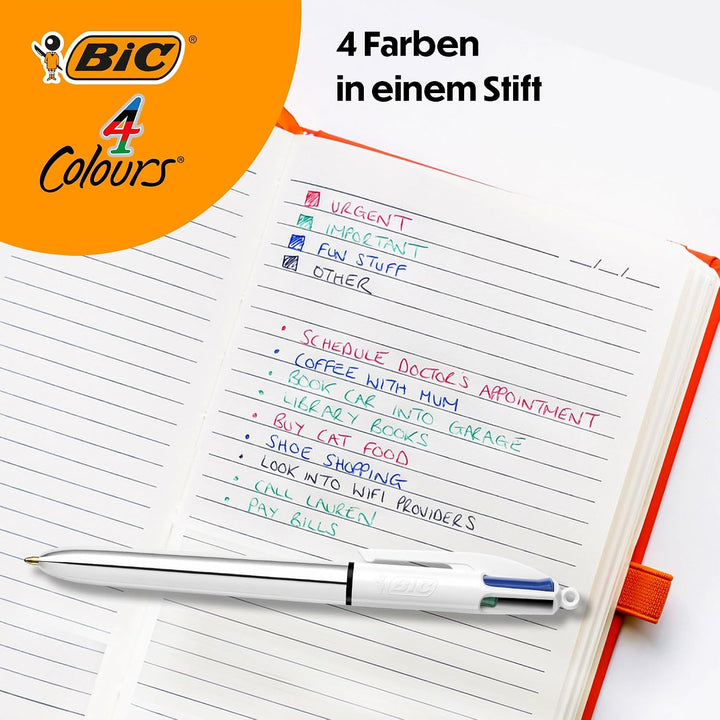 BIC 4 Farben Kugelschreiber Set 4 Colours Shine, in verschiedenen Farben, 12er Pack, Ideal für das B