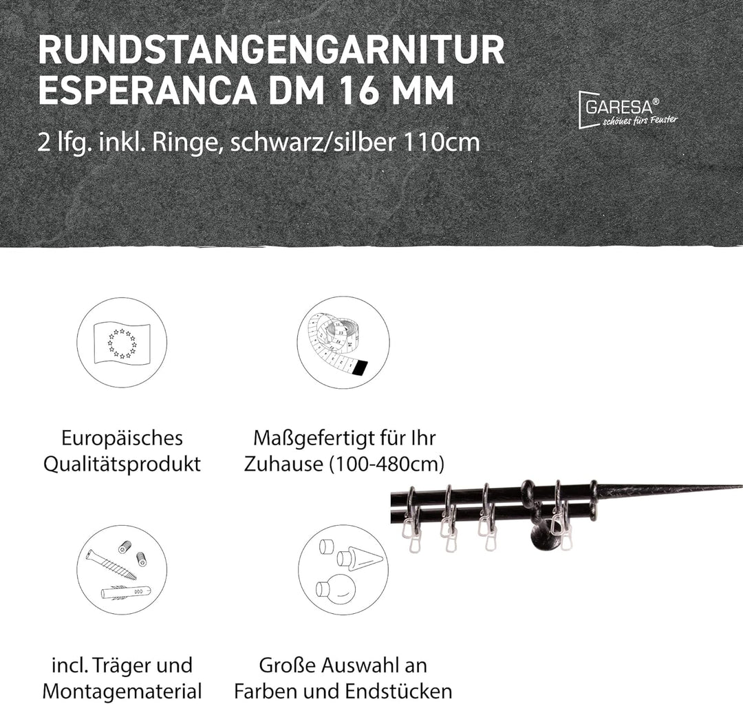 Garesa Gardinenstange Esperanca Ø 16mm, 2-läufig, Schwarz/Silber I Rustikale Vorhangstange inkl. Rin