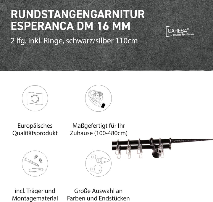 Garesa Gardinenstange Esperanca Ø 16mm, 2-läufig, Schwarz/Silber I Rustikale Vorhangstange inkl. Rin