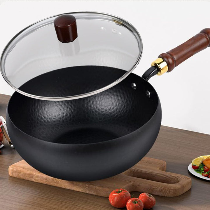 Koch-Wok, Eisen-Bratpfanne, 24 cm, kompakter, ergonomischer, unbeschichteter Wok mit Deckel, vielsei