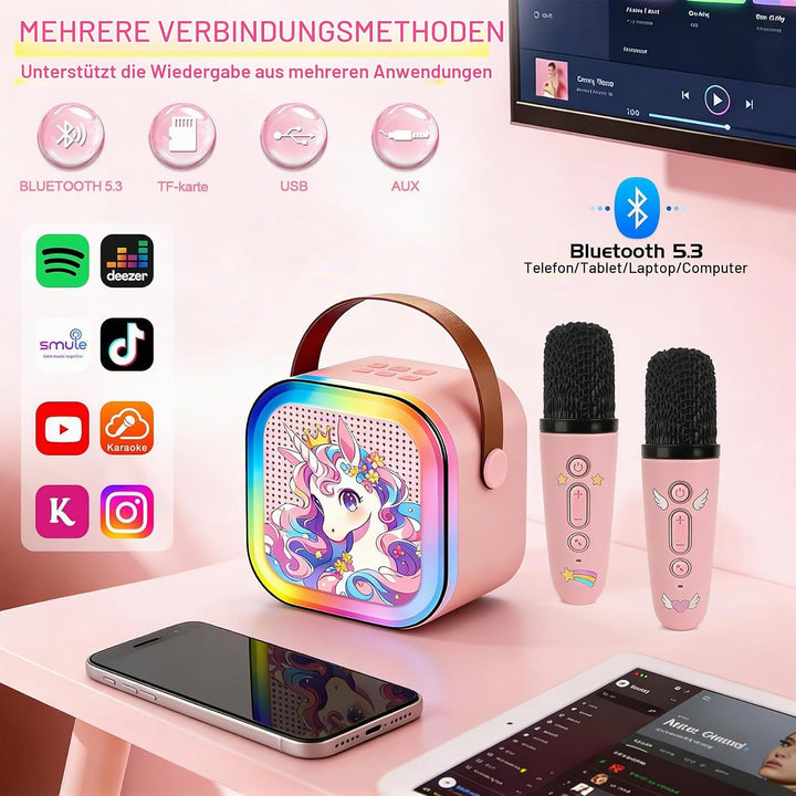 Karaoke Maschine Kinder Mit 2 Mikrofonen, Tragbarer Wiederaufladbar Bluetooth, Bunte LED Lichter, AU