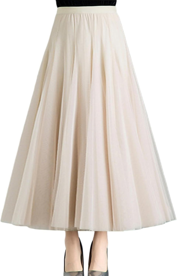 Damen Tüllrock Midi Faltenrock Hoher Bund Schick Rock Elastisch Taille Drapiert Stoff 36-40 Beige, 3