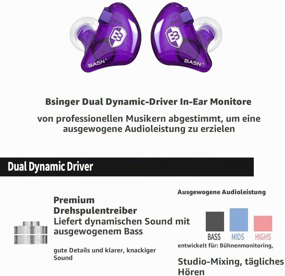 BASN Bsinger In-Ear-Monitore Geräuschisolierende Kopfhörer, Dual-dynamische Treiber High Definition