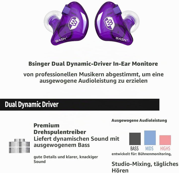 BASN Bsinger In-Ear-Monitore Geräuschisolierende Kopfhörer, Dual-dynamische Treiber High Definition