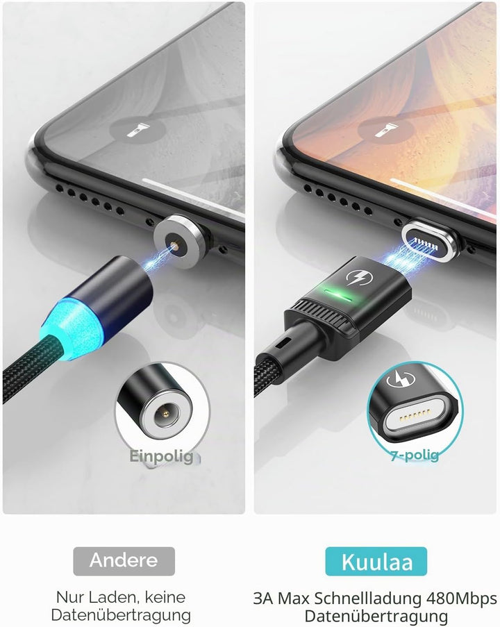 Kuulaa 3-in-1-Magnetladekabel, 3A-Schnellladekabel aus Nylon, geflochten mit LED Light Magnetic USB