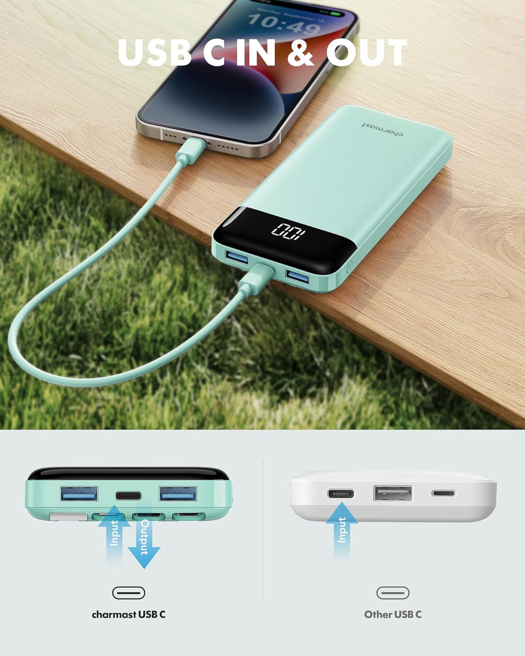 Charmast Externer Akku, 10.000 mAh, mit 4 integrierten Kabeln, tragbarer Akku, USB C, dünn, Power Ba
