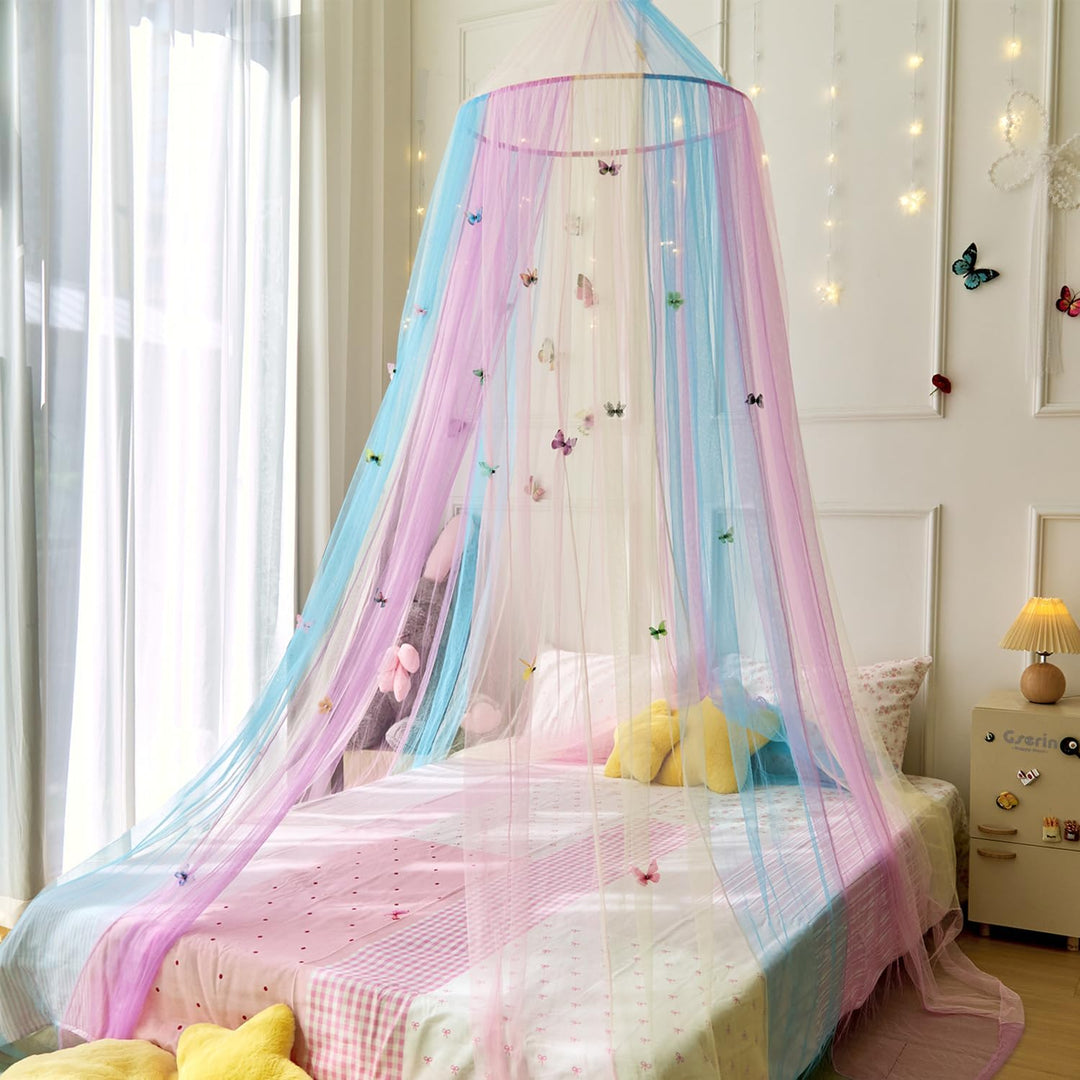 Regenbogenbett Vordach mit Schmetterlingen für Mädchen,Atemaktiver Vordach für Bett,Prinzessin Spiel