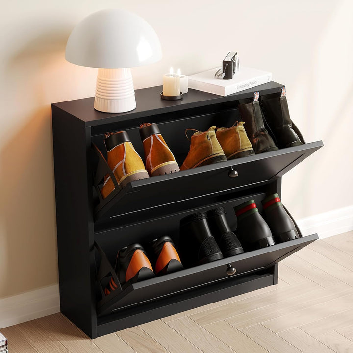 VOWNER Schuhschrank mit 2 Klappen, Schuhregal Schuhkipper Schmal, mit 4 Fächern, Schuhschrank Schwar
