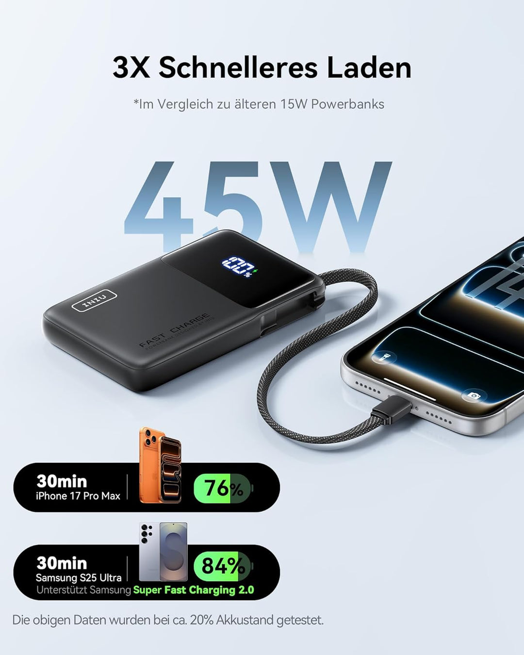 INIU 45W Power Bank, Ultra-dünn 10000mAh Externe Handyakkus mit Integriertem USB-C Kabel, Schnelllad