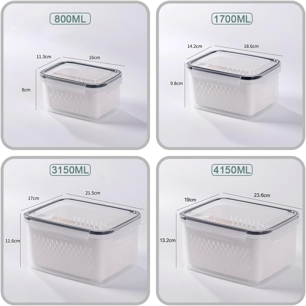 Kongming Kühlschrank Organizer Frischhalteboxen Set mit Deckel und Trennbar Sieb, 4 Stüke Frischhalt