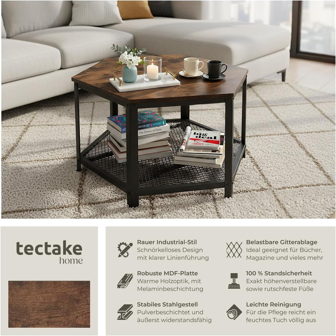tectake® ausgefallener Couchtisch Holz und Metall, Wohnzimmertisch mit Stauraum, Beistelltisch Couch