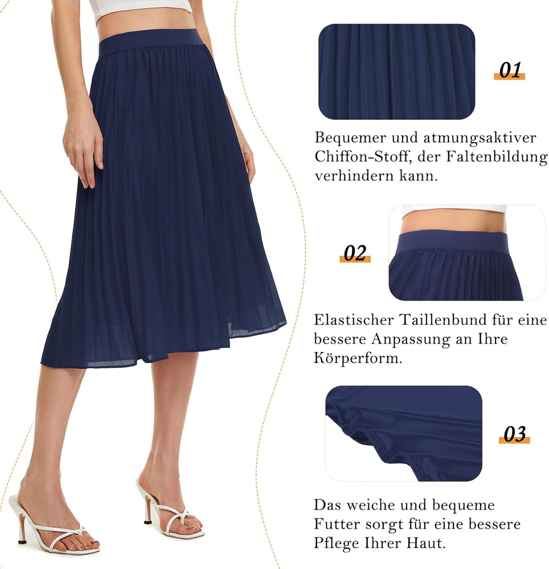 Durio Midirock Damen Faltenrock Plissee Damenrock Sommerrock Leicht Casualrock Chiffon Röcke A-Linie