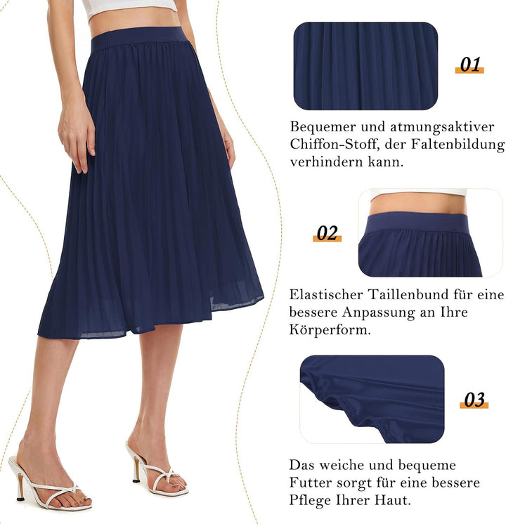 Durio Midirock Damen Faltenrock Plissee Damenrock Sommerrock Leicht Casualrock Chiffon Röcke A-Linie