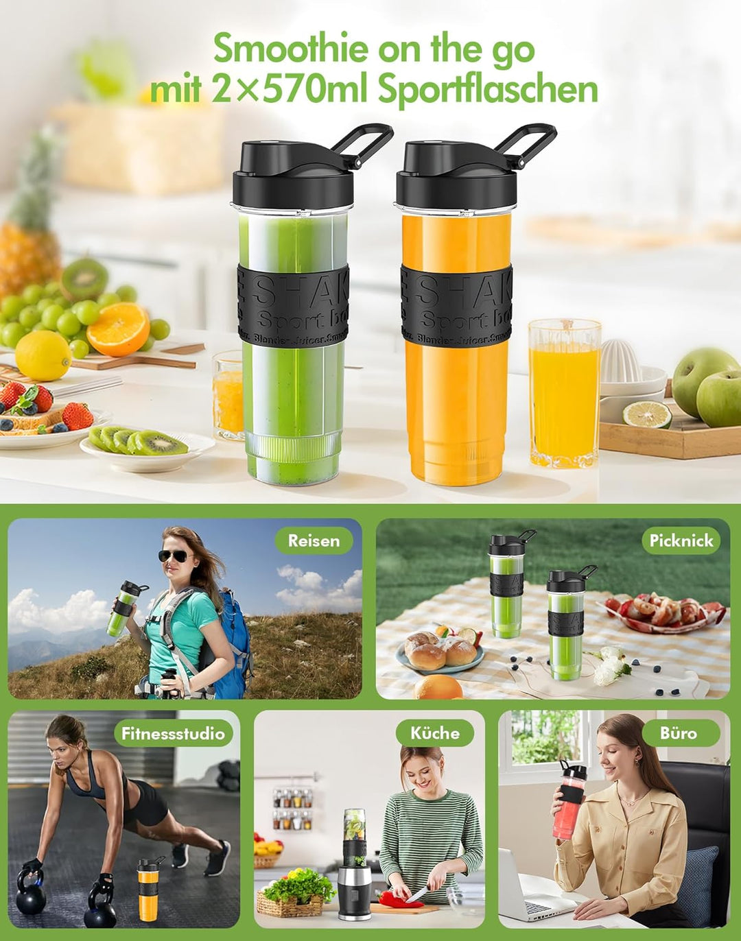 Mixer, 500W Smoothie Maker, Standmixer & Mixer Smoothie Maker mit 2x570ml Smoothie Flaschen BPA frei