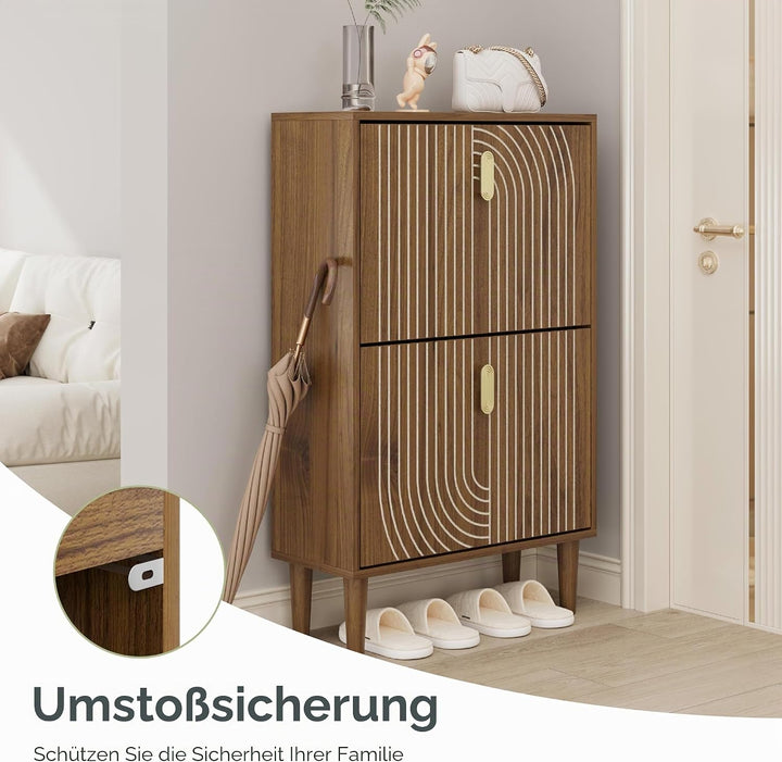 Smuxee Schuhschrank mit 2 Klappfächern, 60 cm Nussbaum Optik Schuhschrank mit Rillendesign, freisteh