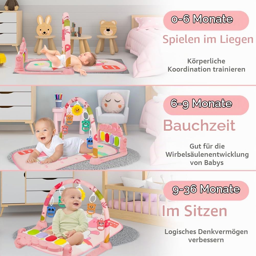 AOMIG Piano-Gym Spieldecke, Krabbeldecke mit Musik und Lichtern, Spielmatte mit Spielbogen abnehmbar