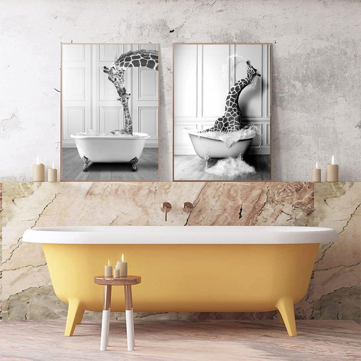 WADBTP Badezimmer Bilder,Schwarz Weiss Bilde,Lustige Tier in der Badewanne Leinwand Bilder für Wohnz