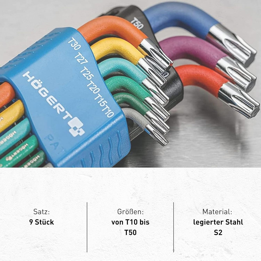 Högert Technik - TORX Set Schlüssel 9 Stück T10-T50, Schraubendreher Imbus 6kant Schlüssel Set Winke