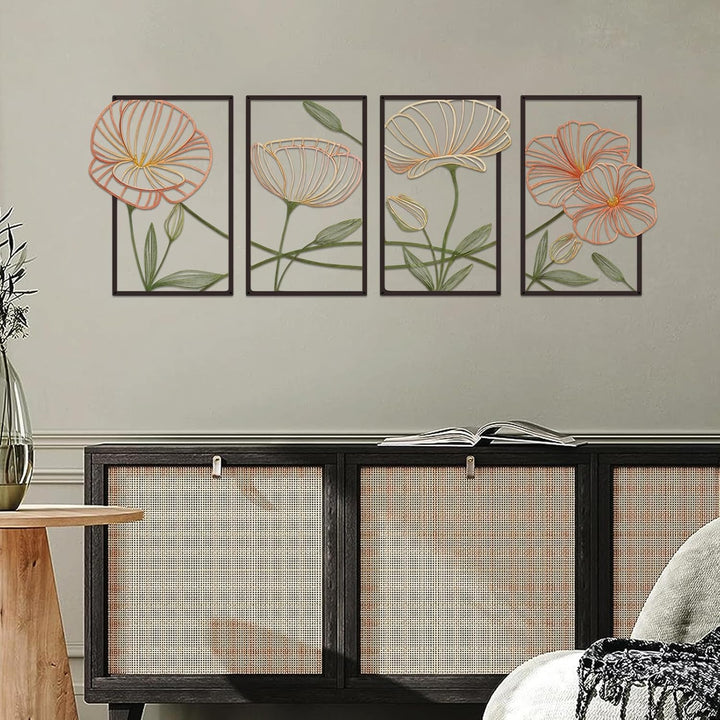 ESTART Dekor 4 Stück Metall Lotusblume Wanddekoration, Abstrakte Blumen Ästhetische Spleisslinie Kun