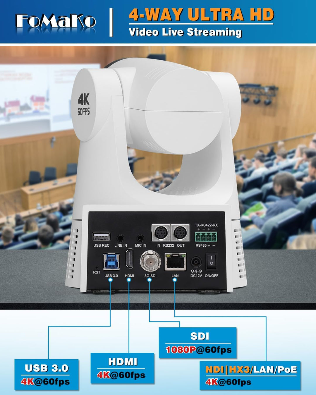 FoMaKo 4K 60FPS NDI HX3 PTZ Kamera, 20x Optischer Zoom, Gen 3 KI Auto-Tracking, 3G-SDI/HDMI/NDI/USB/
