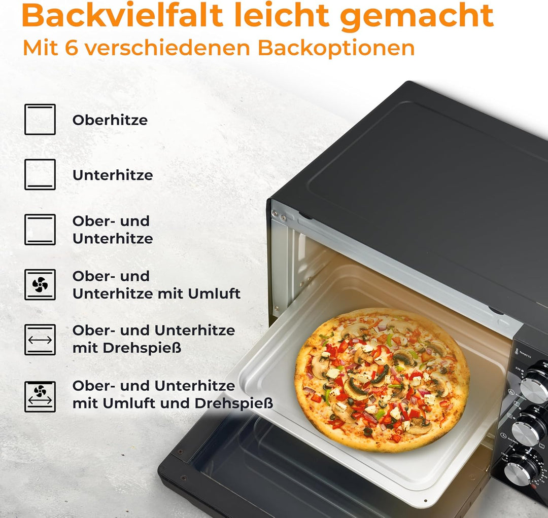 KLAMER Minibackofen mit Umluft (30 Liter), 6 Backfunktionen, 70-230°C, 120 min. Timer, Mini-Ofen ink