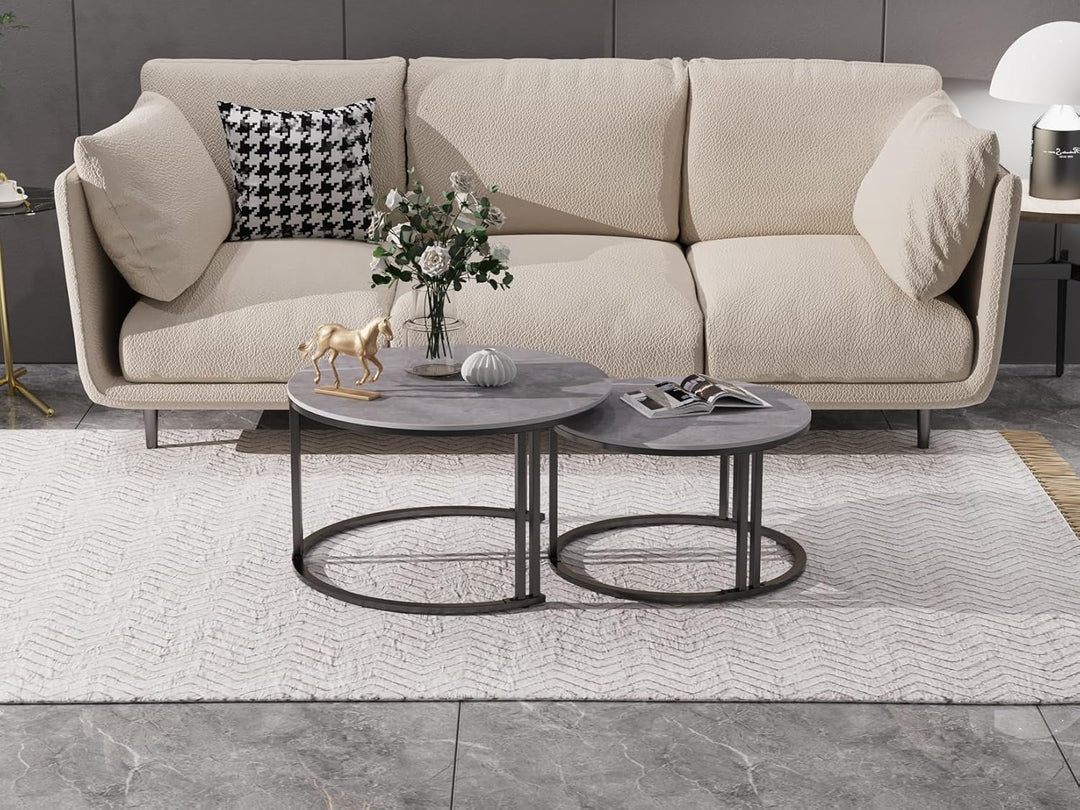 FATIVO Marmor Couchtisch 2er Set, Satztisch Rund Wohnzimmertisch mit schwarz Metallrahmen - Stabiler