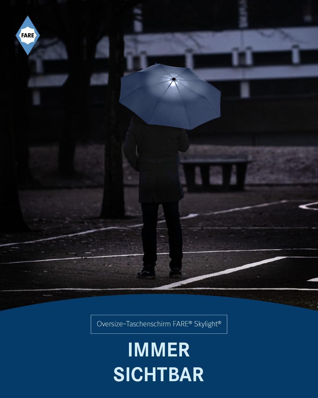 FARE Oversize-Taschenschirm Skylight (marine) - Effektvoller Regenschirm mit LED-Innenbeleuchtung un