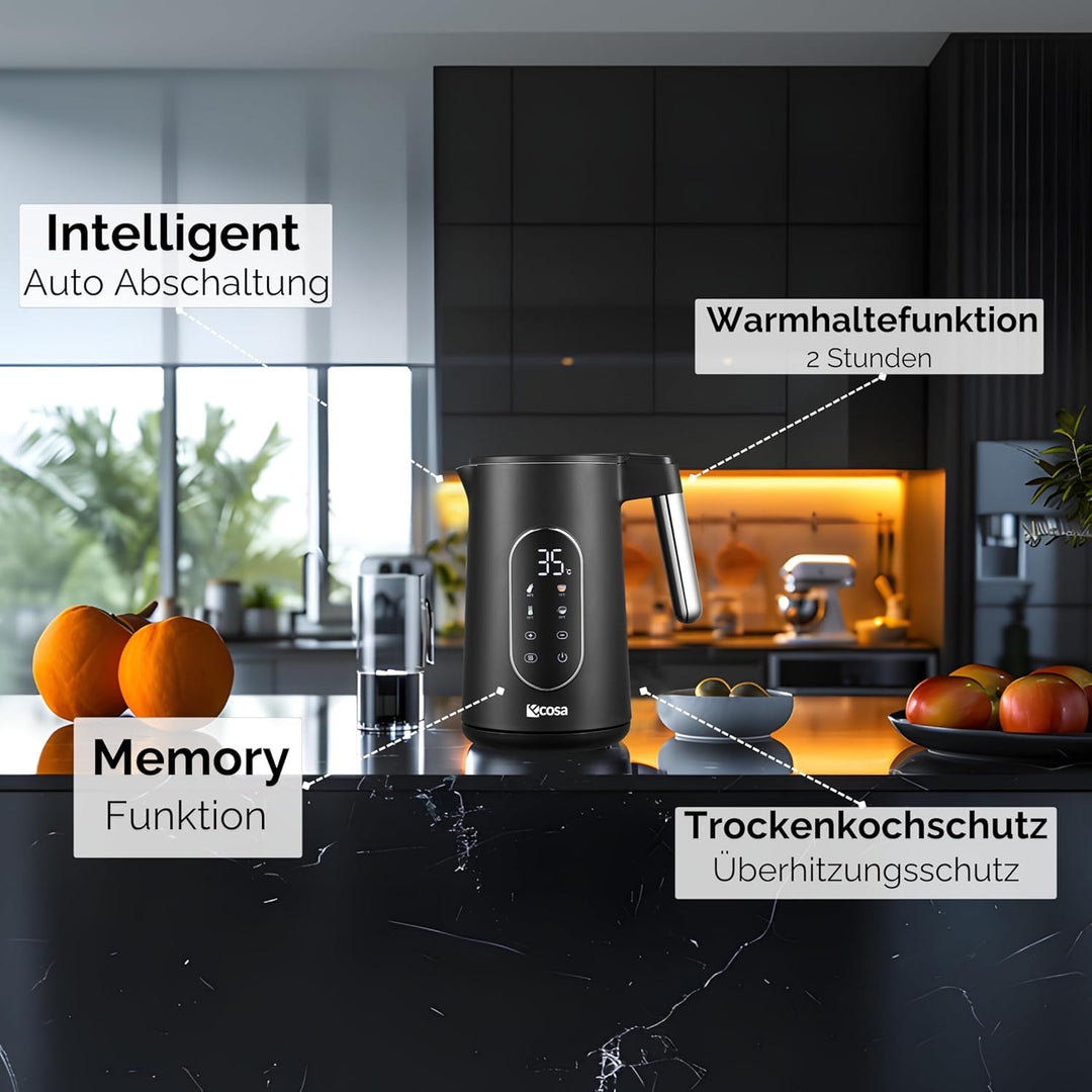 Wasserkocher Edelstahl mit Temperatureinstellung (40°C-100°C) 1,7 Liter 2200 Watt Teekocher 100% BPA