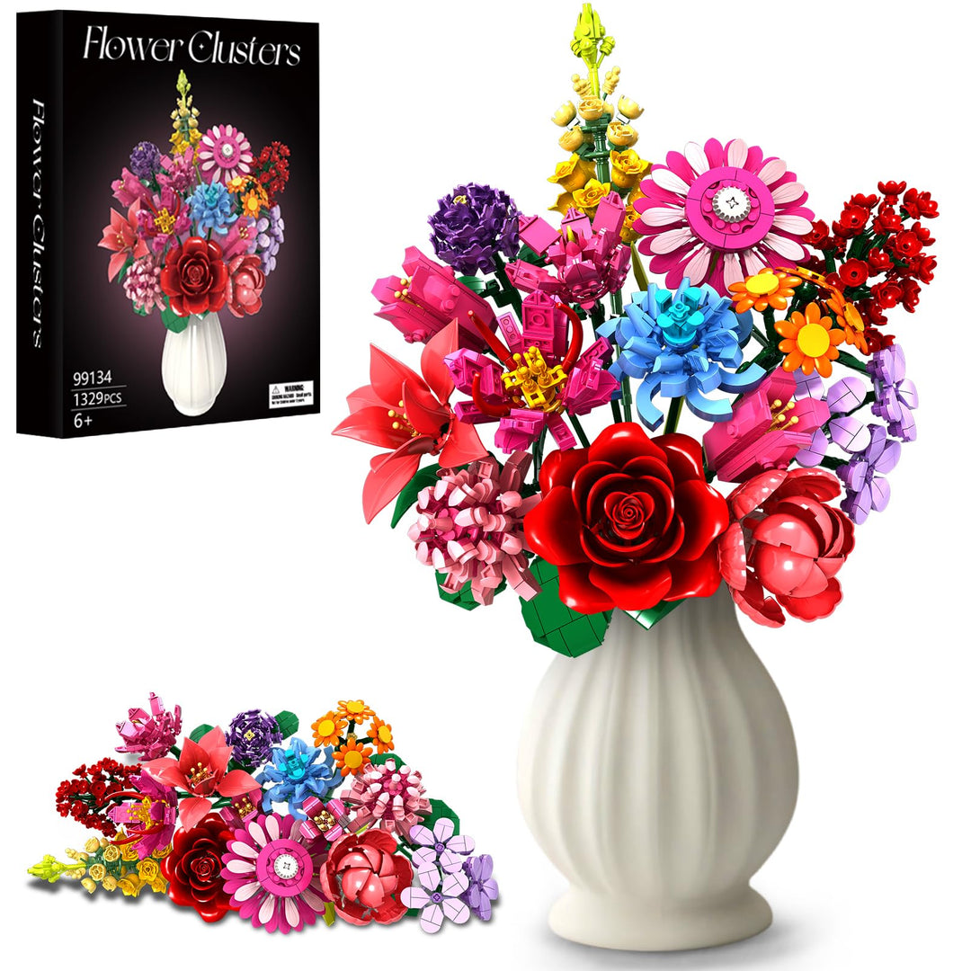 Blumen-Bausteine-Set, 1329 Teile, zeitloses Blumenstrauss-Set mit 14 verschiedenen Blumenarten, DIY-