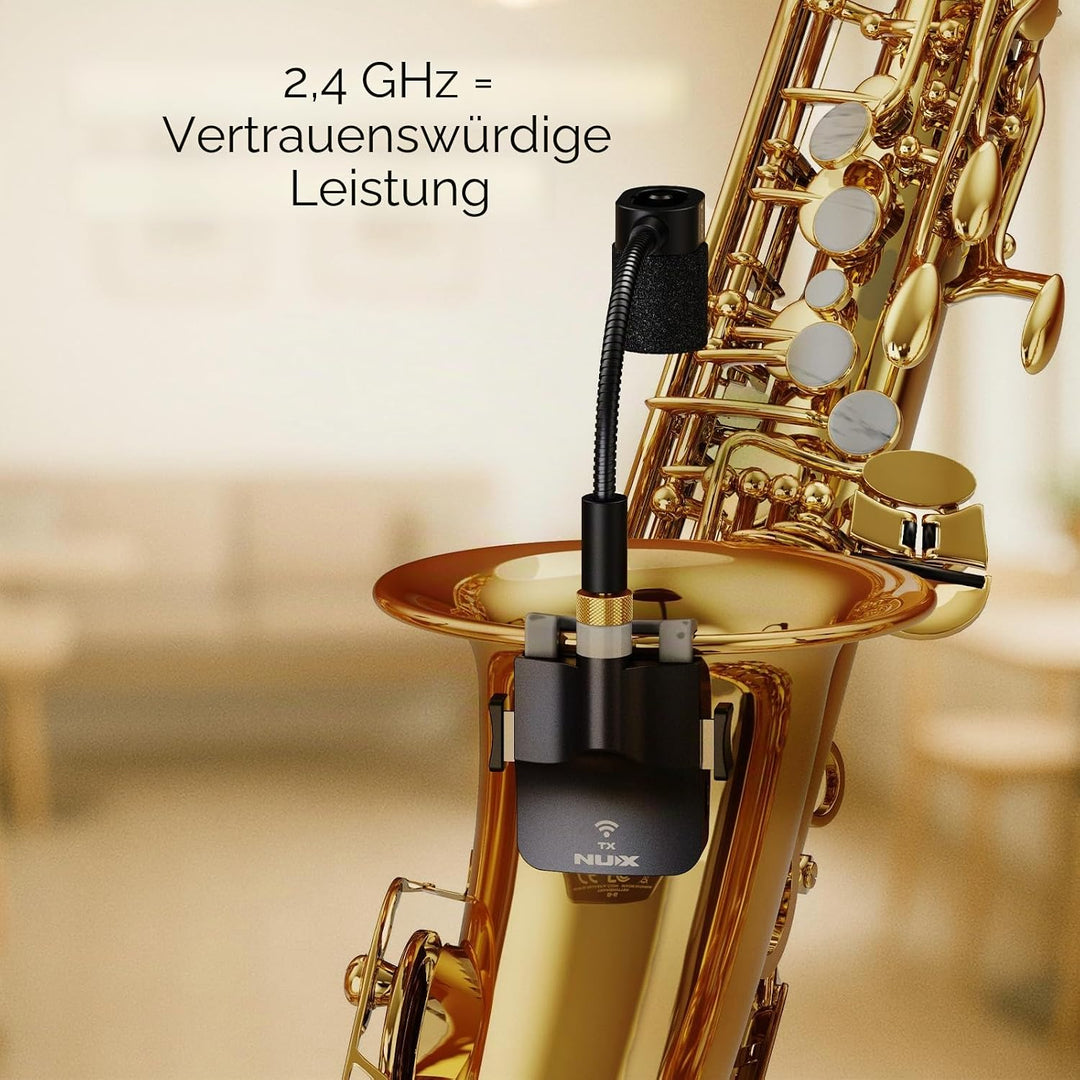NUX B-6 Kabelloses Saxophonsystem mit Ladekoffer, 20 Meter Betriebsreichweite, 24 Bit/44,1 kHz High