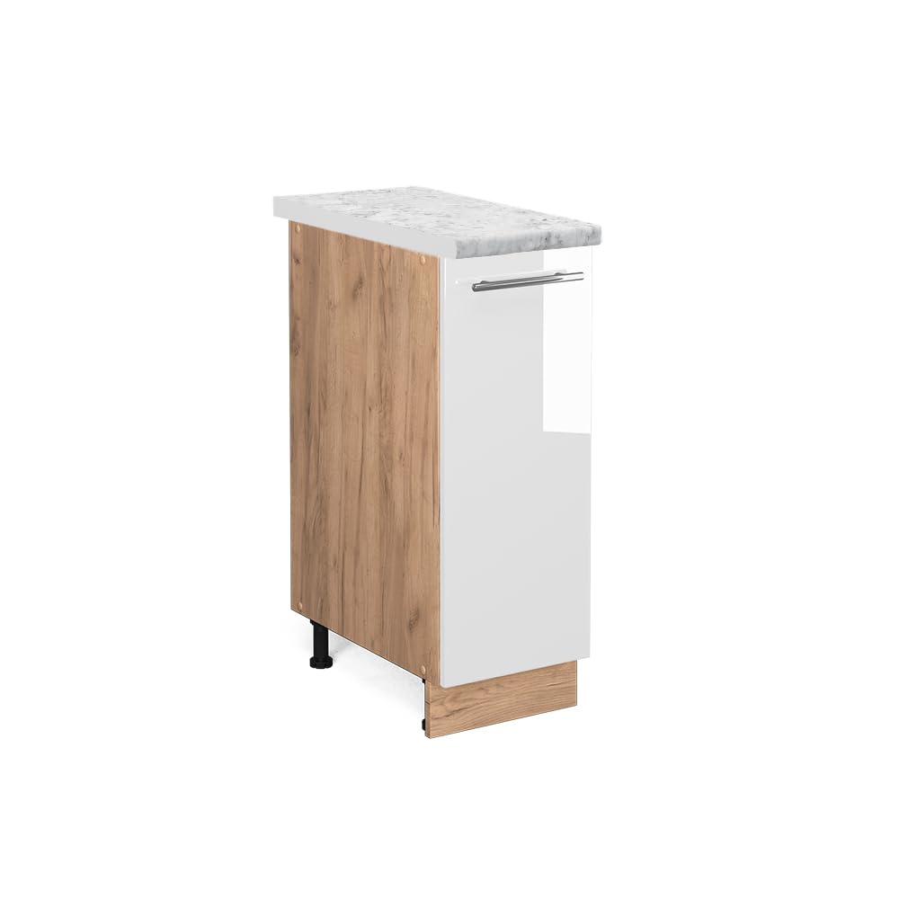 Vicco Apothekerschrank Fame-Line, Weiss Hochglanz/Goldkraft Eiche, 30 cm, AP Marmor Weiss Hochglanz