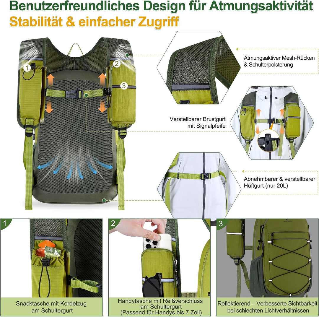 BECOJADDE 20L Kleiner Wanderrucksack Tagesrucksack Herren Damen Leichter Faltbarer Rucksack mit Brus