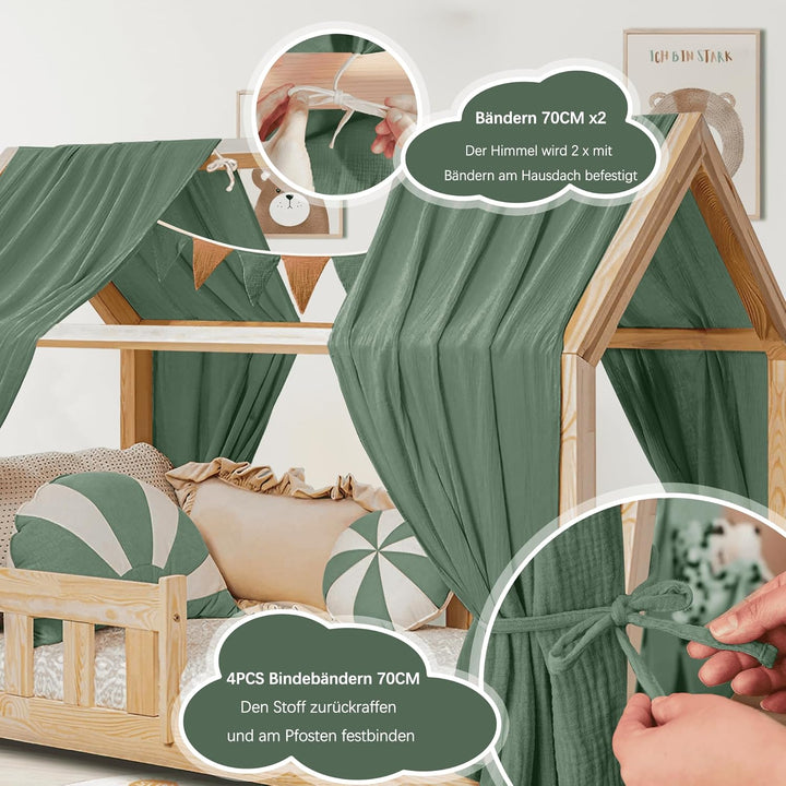 Hausbett Himmel Deko Set, Betthimmel Hausbett aus Musselin - 2 Betthimmel & 1 Wimpelkette, für Junge