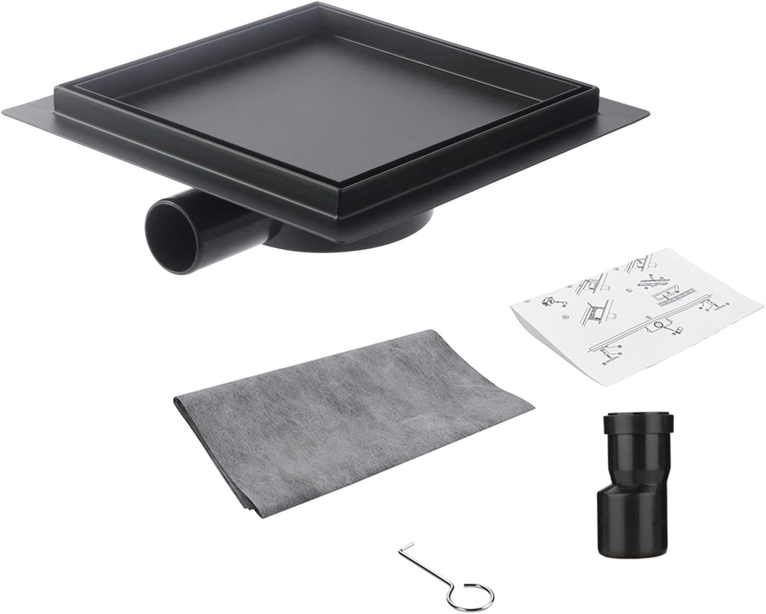 Kasloglow Duschablauf Schwarz Quadratisch 15x15 cm, Edelstahl Bodenablauf, Befliesbar, Siphon mit Ha