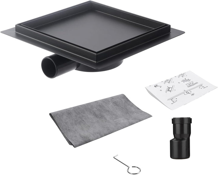 Kasloglow Duschablauf Schwarz Quadratisch 15x15 cm, Edelstahl Bodenablauf, Befliesbar, Siphon mit Ha