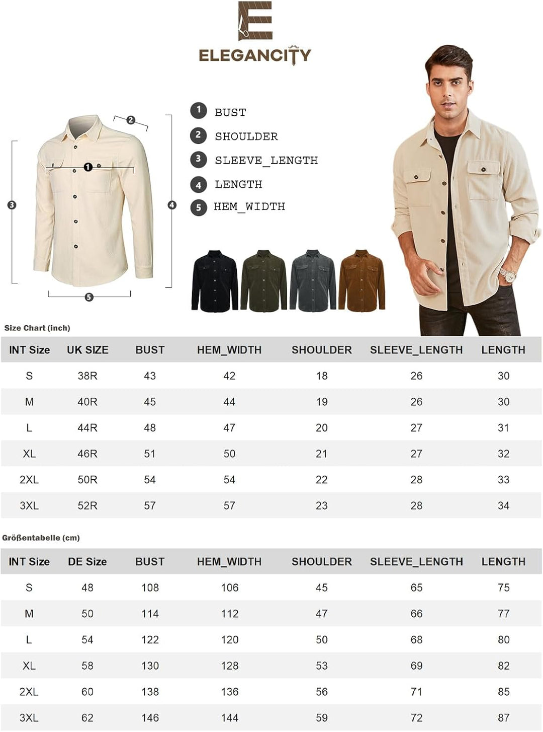 Elegancity Herren Hemd Cord Langarm Freizeithemd Männer Jacke Regular Fit Button Up Hemdjacke Mit Kl