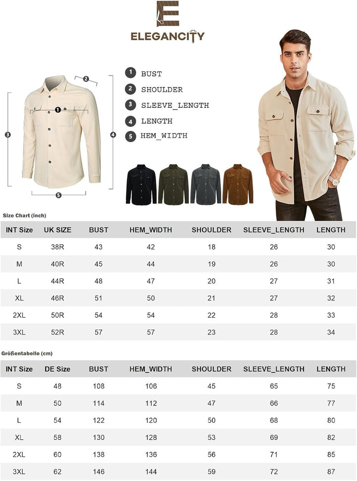 Elegancity Herren Hemd Cord Langarm Freizeithemd Männer Jacke Regular Fit Button Up Hemdjacke Mit Kl