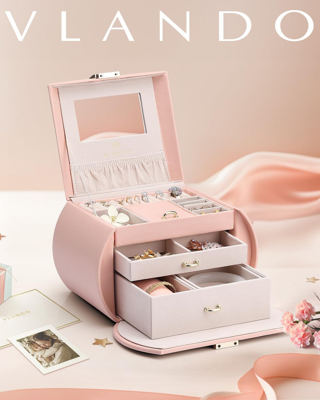 Vlando Schmuckkästchen Mädchen, Geschenke für Frauen, Kinder, Romanisches Schmuckkasten mit 2 Schubl