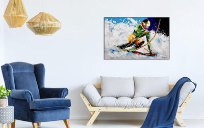 KunstLoft Leinwandbild | 100% HANDGEMALT | 90x60cm | Gemälde 'Ride in the Snow' | Winter | Blau Weis