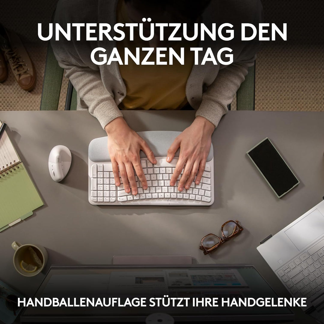 Logitech Wave Keys kabellose ergonomische Tastatur, gepolsterte Handballenauflage, komfortables natü