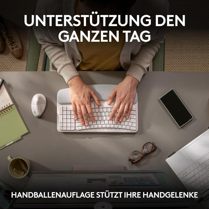 Logitech Wave Keys kabellose ergonomische Tastatur, gepolsterte Handballenauflage, komfortables natü