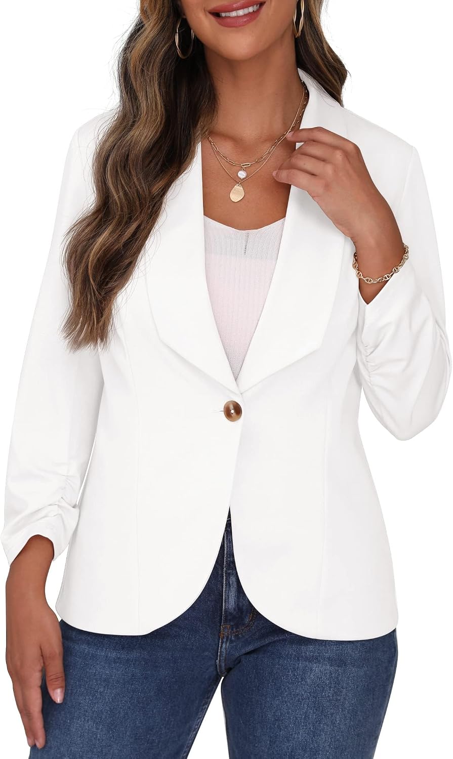 PrinStory Blazer Für Damen 3/4 Geraffte Ärmel Blazer Geschäft Büro Blazer Anzug Sportlich Jack Trenc