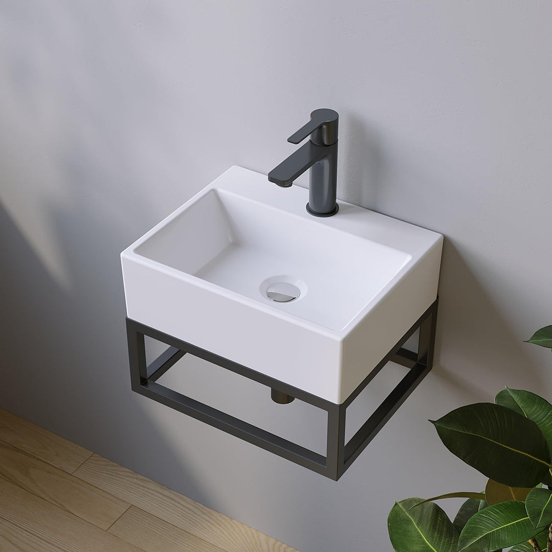 AQUABATOS Waschbecken aus Keramik Eckig 38 x 30 cm Aufsatzwaschbecken für Waschtisch Unterschrank Wa