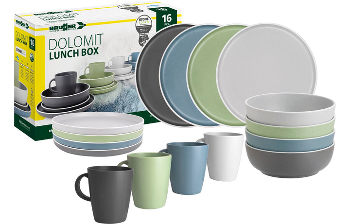 BRUNNER Melamin Geschirr Set Lunch Box Dolomit Stone Touch Camping Teller 16tlg Standard, Standard
